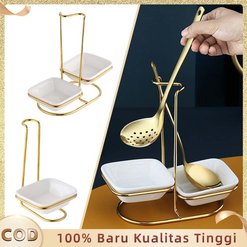 Gold Stainless Steel Ladle Rak Spatula Dengan Mangkuk Keramik Ladle Soup Holder