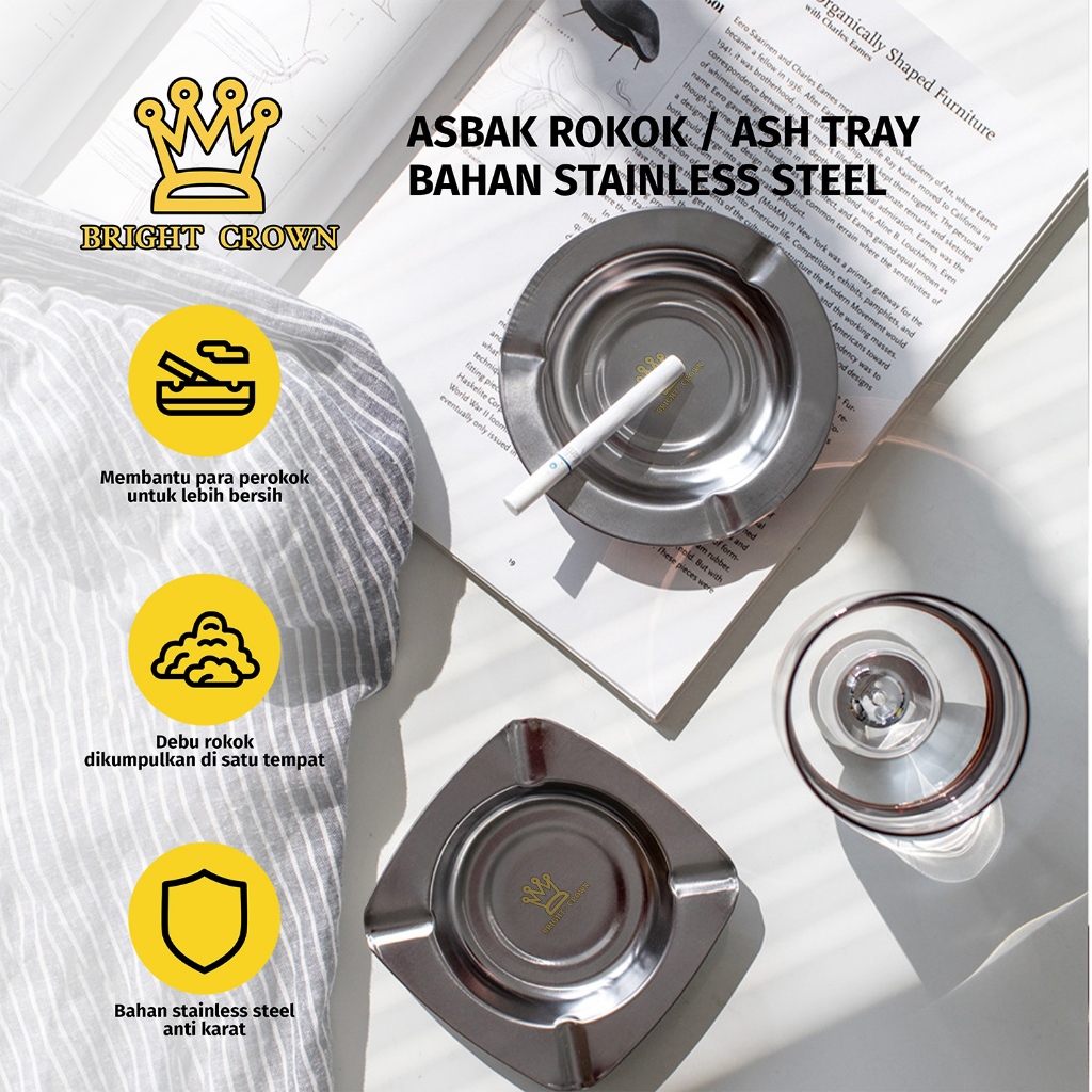 Bright Crown Asbak Rokok Stainless Anti Karat / Tempat Putung Rokok / Mangkok Asbak Bulat Persegi