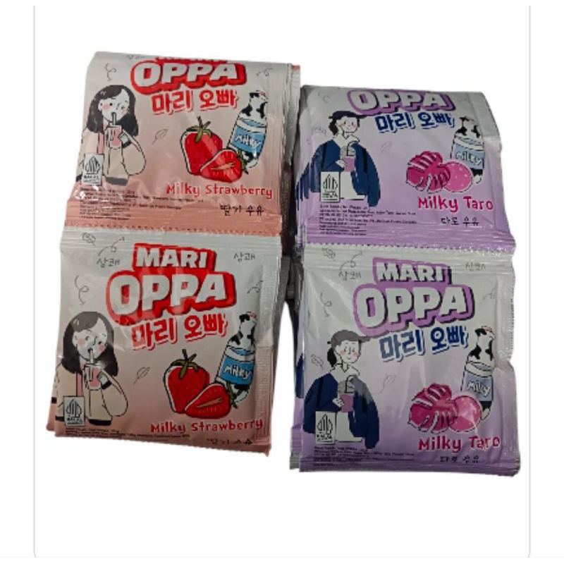 

Mari oppa minuman serbuk 1 renteng isi 15 pcsVarian Milky strowberry 20gr Milky taro 20gr