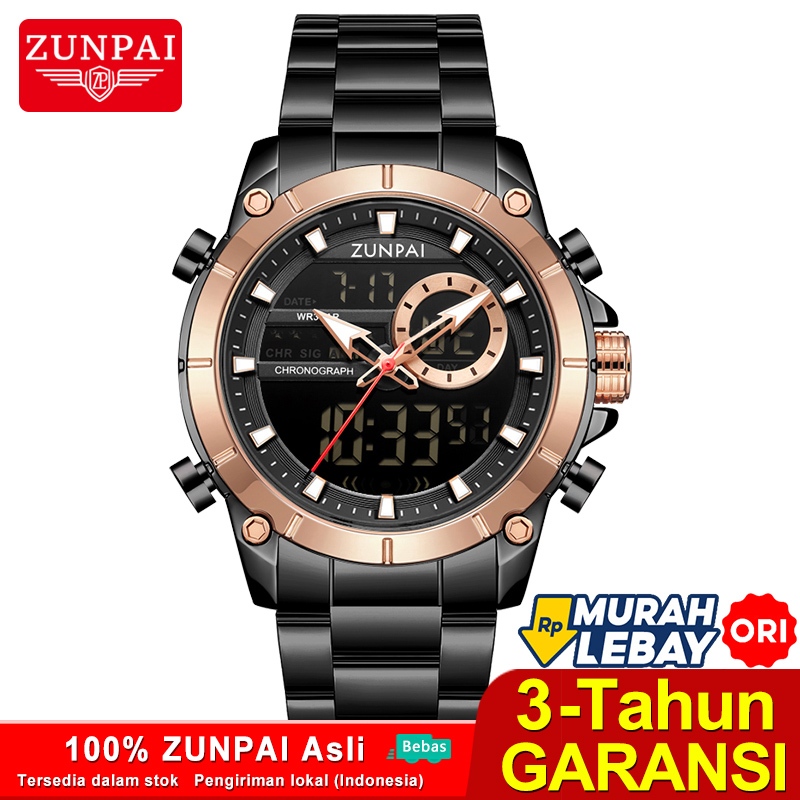 ZUNPAI Jam Tangan Pria Asli Anti Air Keren Mewah Bercahaya Analog Tampilan Digital Baja tahan karat 