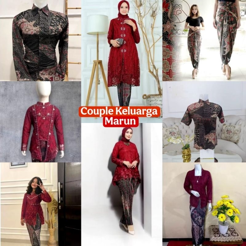 Setelan Couple Keluarga Batik Warna Marun Kemeja Dewasa Anak Kebaya Brokat Modern Terbaru Seragam Ib