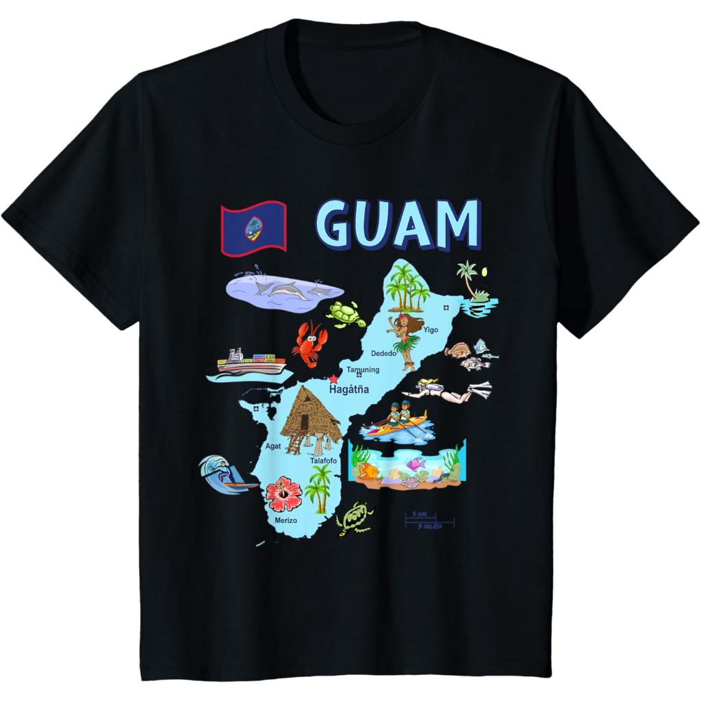 Baju Kaos Anak Tourist attractions map of Guam, major cities, flag, USA T-Shirt