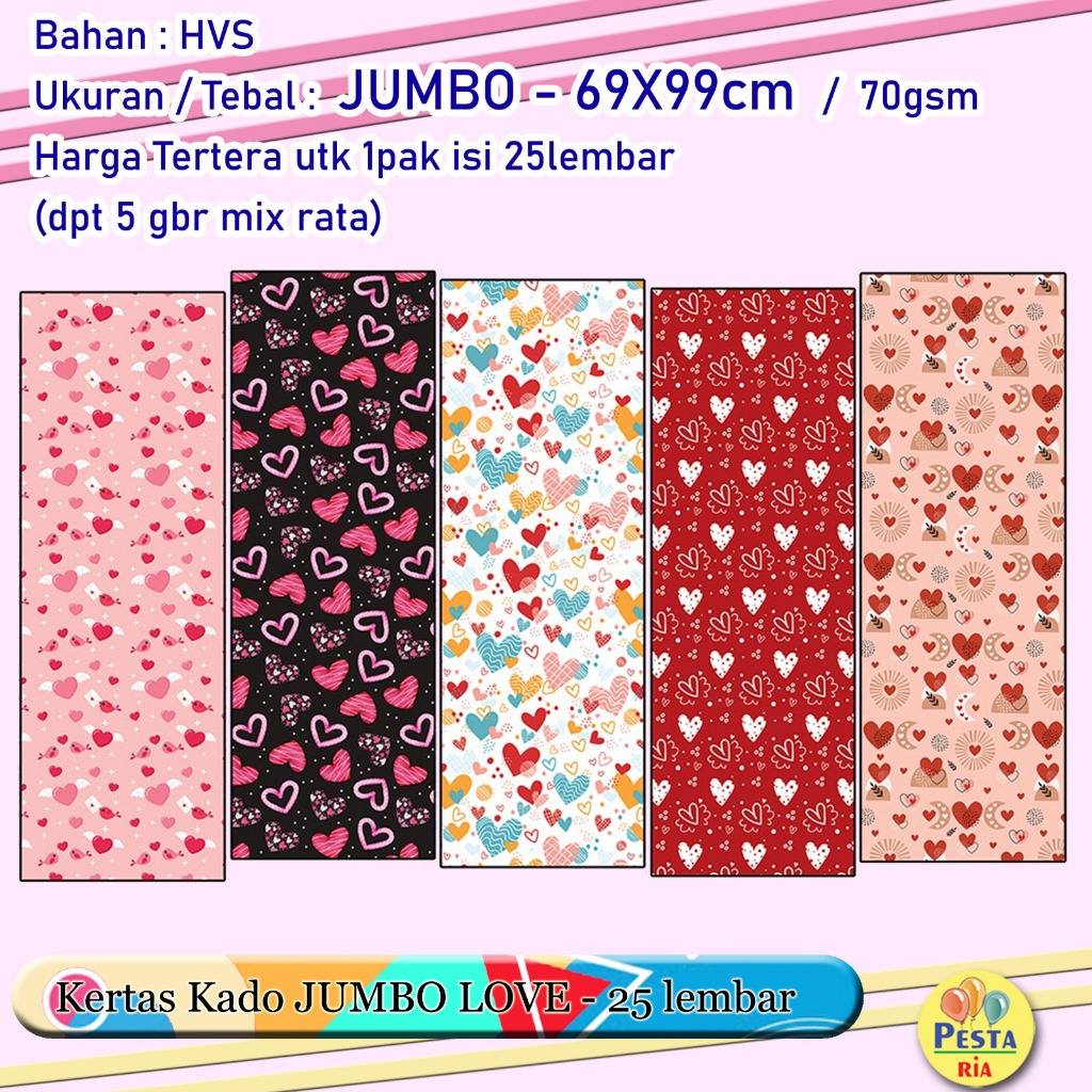 

Murah!! (1Set 25lmbr) Kertas kado motif JUMBO LOVE, kertas kado love, Kertas Kado Setara Sanwa Sansan Wawa