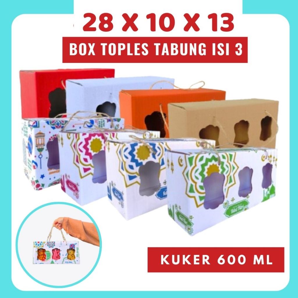 

Kardus Jinjing Tali Kuker Isi 3 28x10x13 Jinjing Tabung (KUKER TOPLES JAR 600ml Isi 3) Box Jinjing Kardus Lebaran Idul Fitri Hampers Polos/Motif