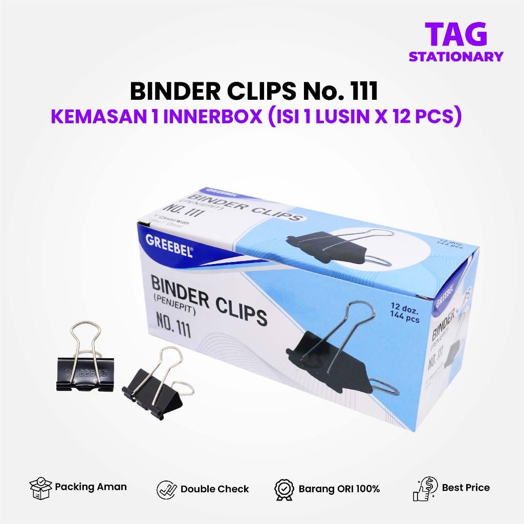 

Penjepit Kertas Hitam Besar Kecil 111 (25MM) 1 Gross = 144Pcs / Klip Kertas Binder Clip