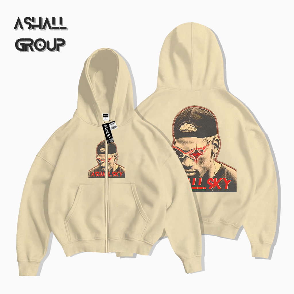 Jaket Sweater Hoodie Boxy Double Zipper  Oversize Motif Cream Star Boy Unisex Hoodie Boxy Zipper Hoo