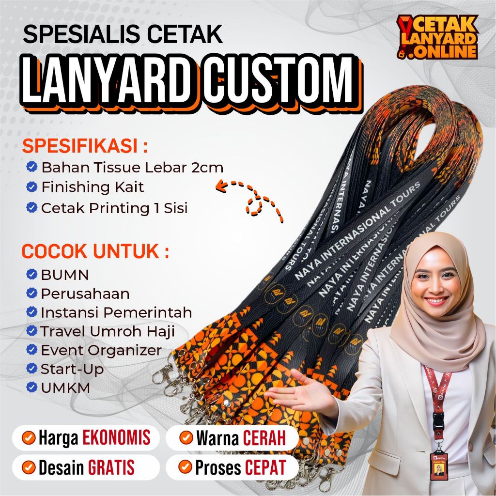 

Lanyard Custom Kait Bahan Tissue Lebar 2 Cm Cetak 1 Sisi / Bisa Satuan / Free Desain