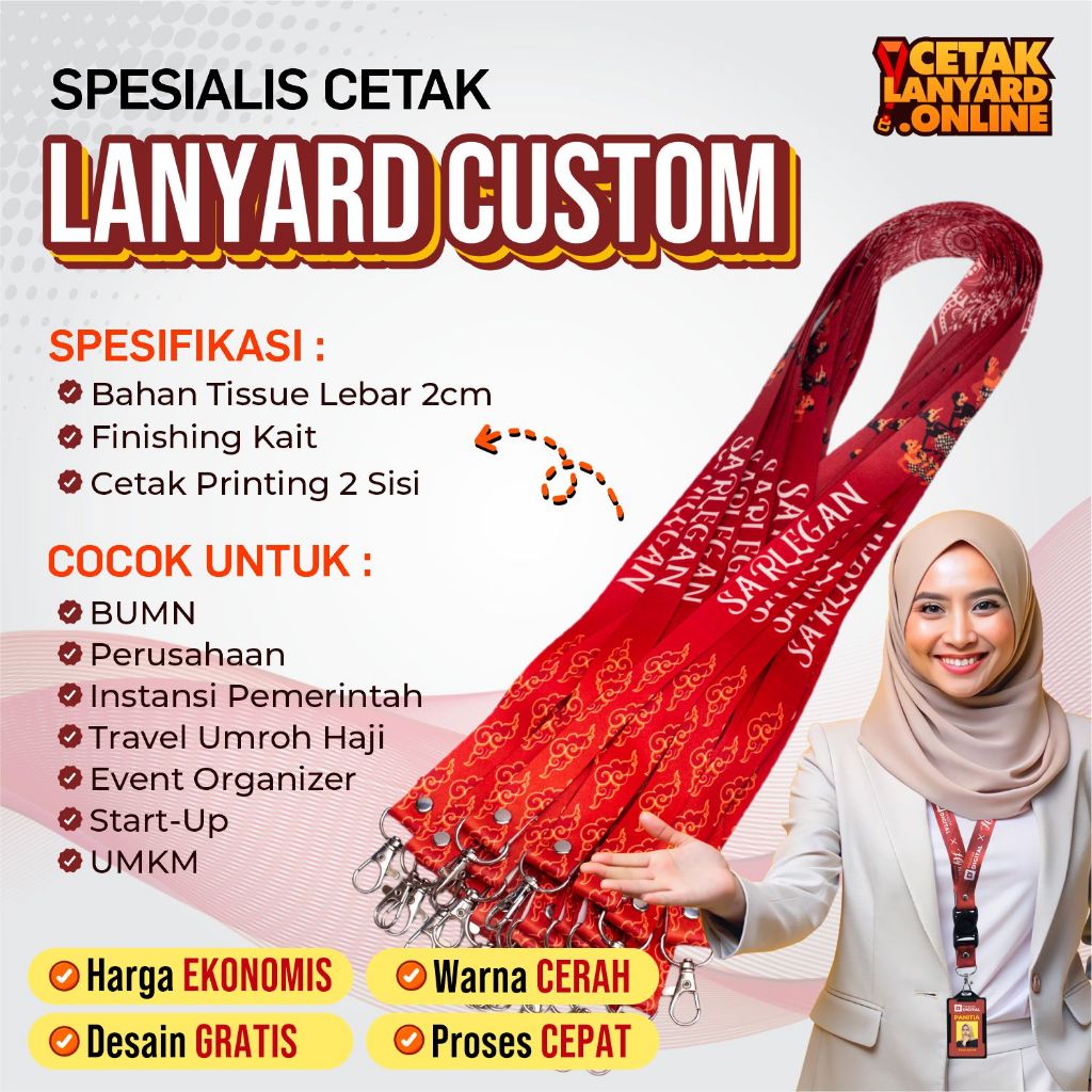 

Lanyard Custom Kait Bahan Tissue Lebar 2 Cm Cetak 2 Sisi / Bisa Satuan / Free Desain