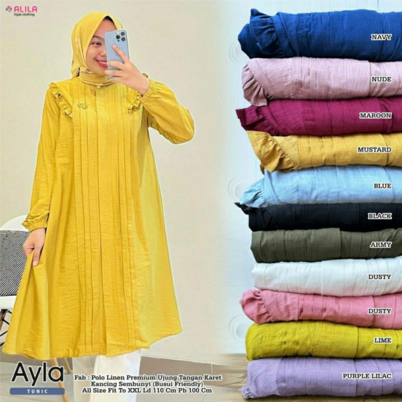 Kuning mustard Ayla Tunik Katun linen halus Ld 110 fit XXXL jumbo By Alila