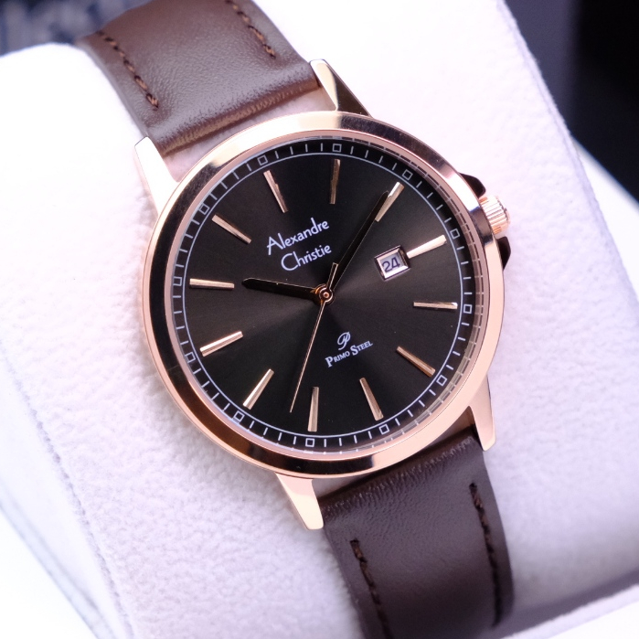 Alexandre Christie Wanita Terbaru Original Warna Rosegold Brown - AC1014 Strap Kulit