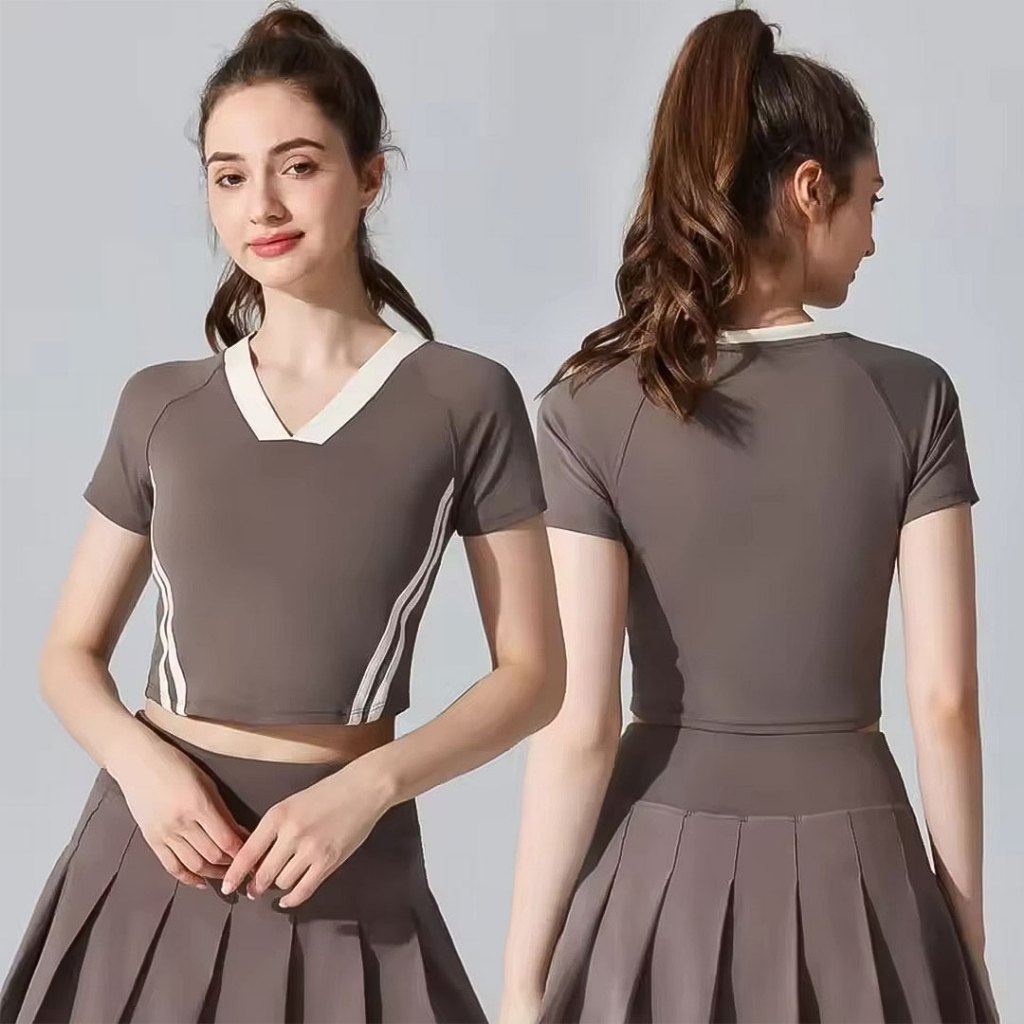 Baju Lengan Pendek Wanita Crop Top V -Neck Sport Atasan Olahraga Gym Yoga Dan Aktivitas Outdoor