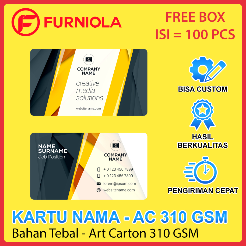 

Cetak Kartu Nama Premium Tebal Art Carton 310 gsm 1 Sisi 2 Sisi / Print Name Card Satu Sisi Dua Sisi Potongan Sudut Lengkung Melengkung Custom Murah Kertas Tebel AC 310gsm Laminasi Glossy / Doff Matte / Round FREE BOX