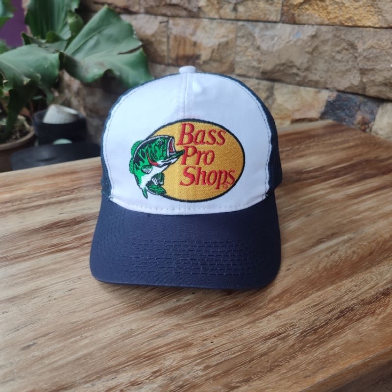 topi bass pro shops logo bordir navi