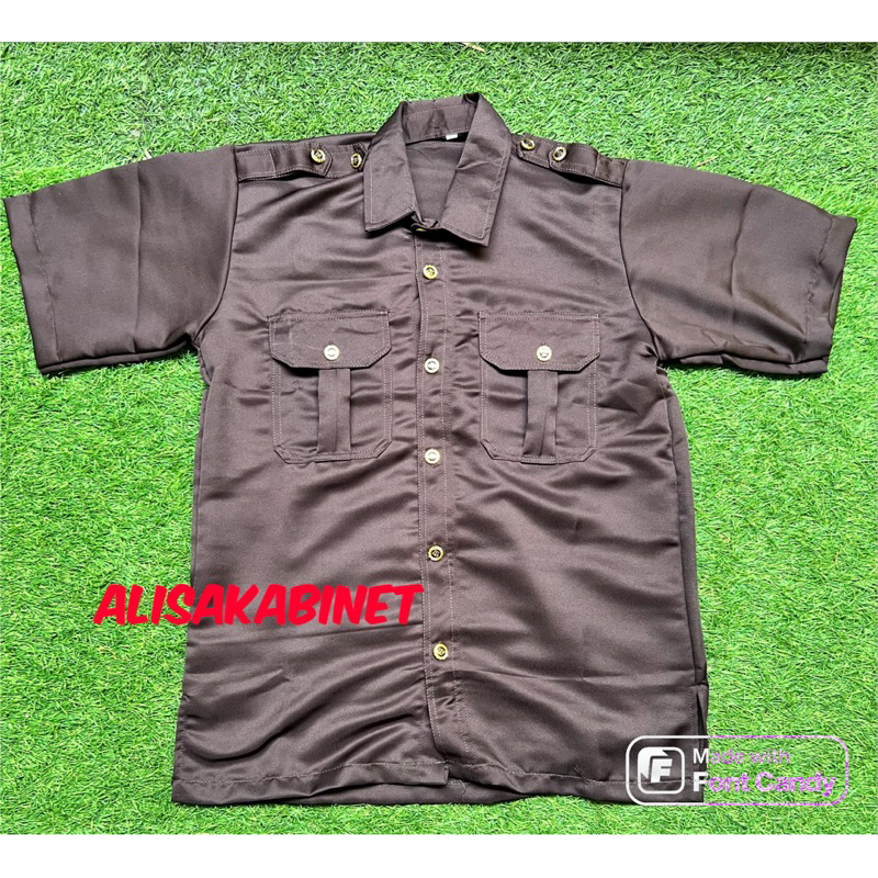 Baju Safari Lengan Pendek Coklat Kancing Emas