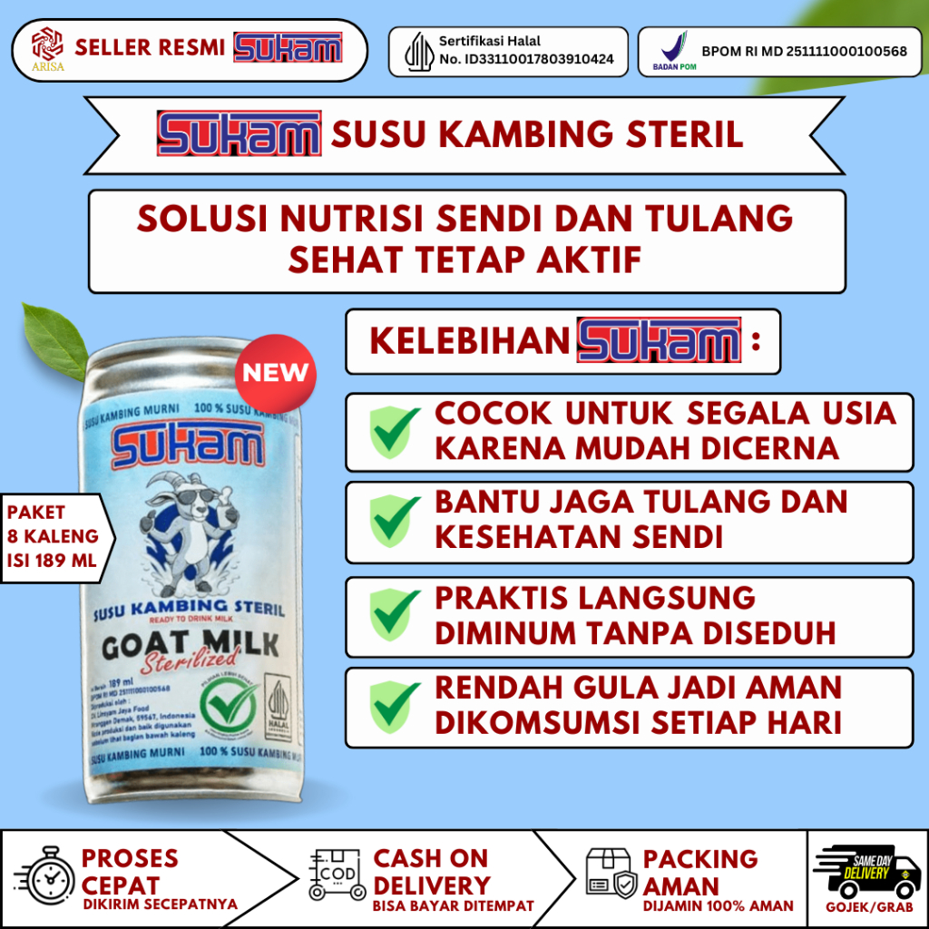 

Sukam - Susu Kambing Steril 100% Langsung Minum - Paket 8 Kaleng Sukam