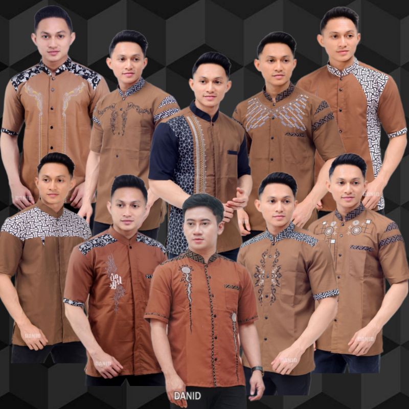 Terlaris Atasan Baju Koko Lebaran Pria Terbaru Lengan Pendek Kombinasi Bordir Warna Mocca / Coklat M