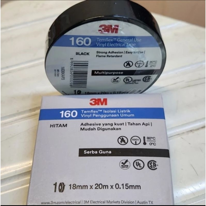

3M Isolasi Listrik Temflex 160 Hitam GU1500 (18mm x 0.15mm x 20mtr) Tahan Api Vinyl Electrical Tape