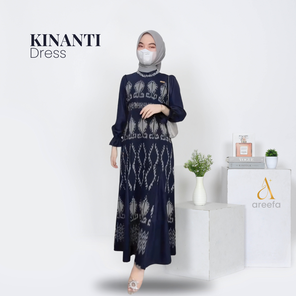 Areefa - Dress Gamis Etnik Tenun Premium Remaja Wanita Warna Navy Jumbo Dress Tenun Etnik Kombinasi