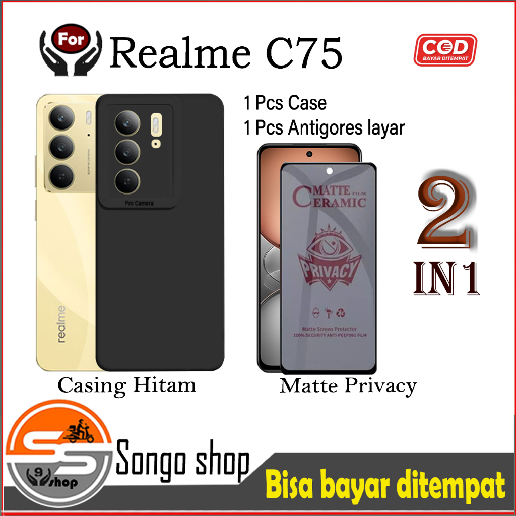PAKET 2in1 Soft Case Hitam REALME C75 4G  Casing casepro Antigores Layar Tempered Glass TG Camera