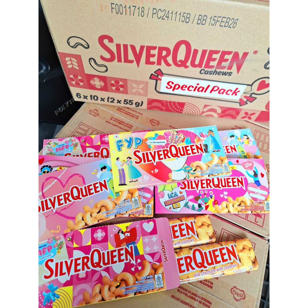 

Cokelat Silverqueen Cashew 58gr/Silverqueen Edisi Valentine day 2x58gr/Silverqueen Buy2get1 Free 3x58gr