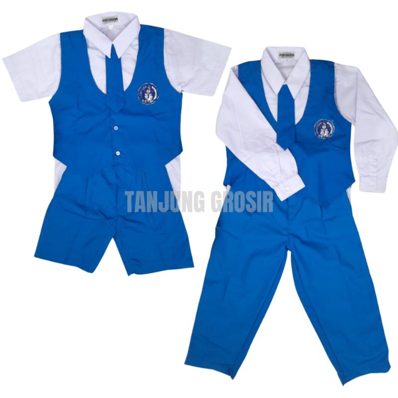 SETELAN SERAGAM PAUD DAN TK PGRI COWOK PANJANG PENDEK WARNA BIRU PUTIH BAHAN BAJU KATUN DELTA CELANA