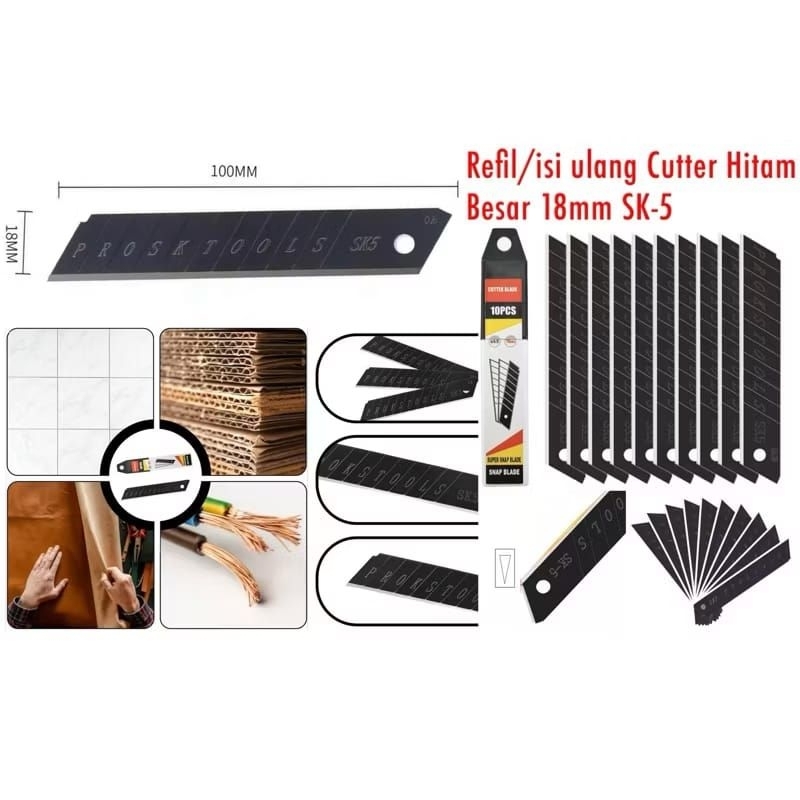 

ISI 10 PCS ISI CUTTER BESAR 18mm SK5 REFILL PISAU KATER BAJA HITAM LEBAR BAGUS MURAH