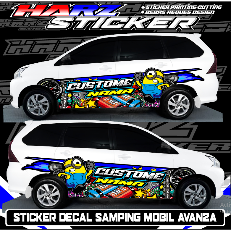 Stiker Decal Body Samping Mobil Avanza-Stiker Variasi Mobil-Stiker Minions-Stiker Bebas reqeust Nama