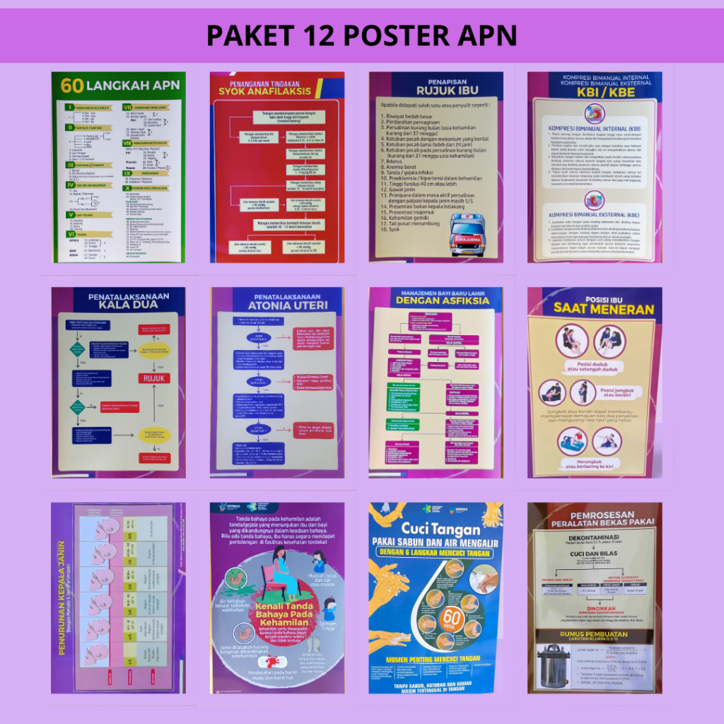 Paket Poster | 12 Lembar Poster APN Lengkap  | Poster Kebidanan Kesehatan | Poster Persalinan