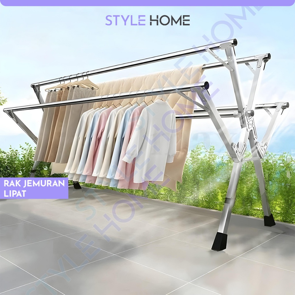 Stylehome Jemuran Baju Alumunium Jemuran Lipat Portable Anti Karat Jemuran 5 Tiang Minimalis LSJ-3