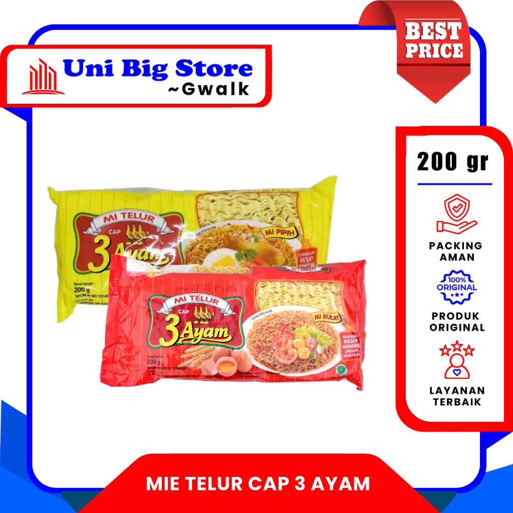 

MIE TELUR CAP 3 AYAM PIPIH KUNING - BULAT MERAH - 200 gr