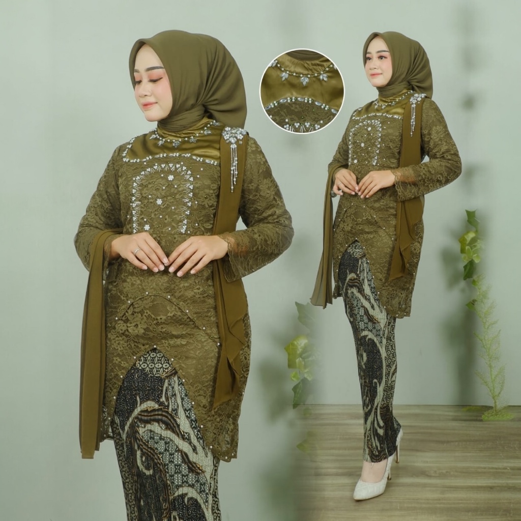 Setelan kebaya tunik Marchella selendang, pakaian kondangan pesta keluarga - baju akad nikah, wisuda