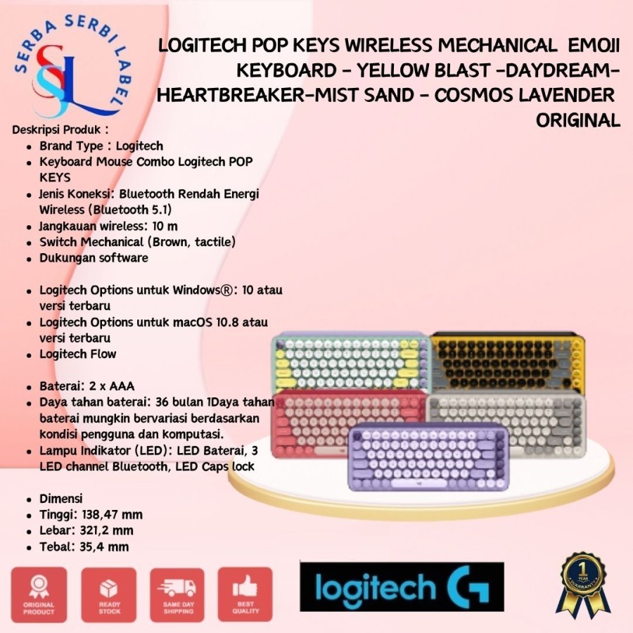 Logitech POP Keys Wireless Mechanical Emoji Keyboard - Yellow Blast-DAYDREAM-- HEARTBREAKER-MISTSAND