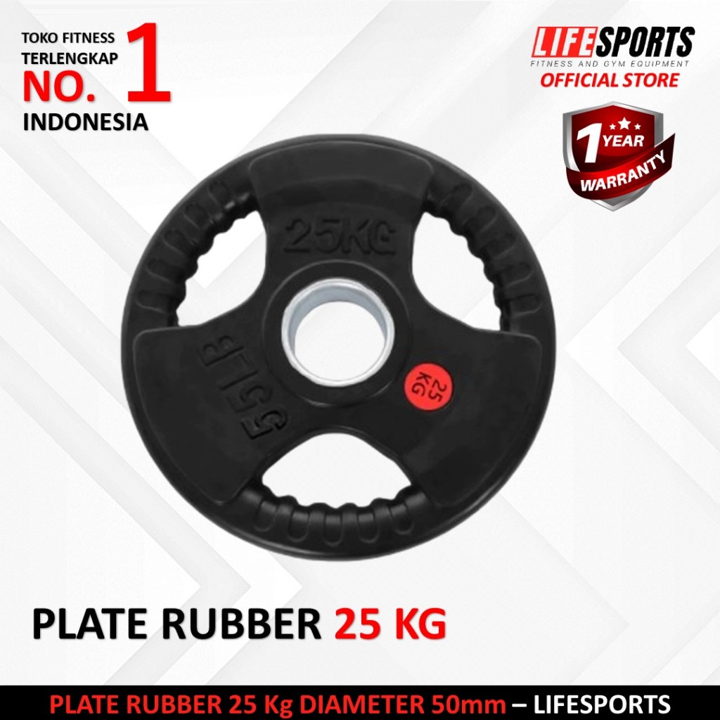 LIFESPORTS - New Alat Olahraga Fitness Classic Black Rubberized Plate Rubber 3 Grip Bumper 25 Kg