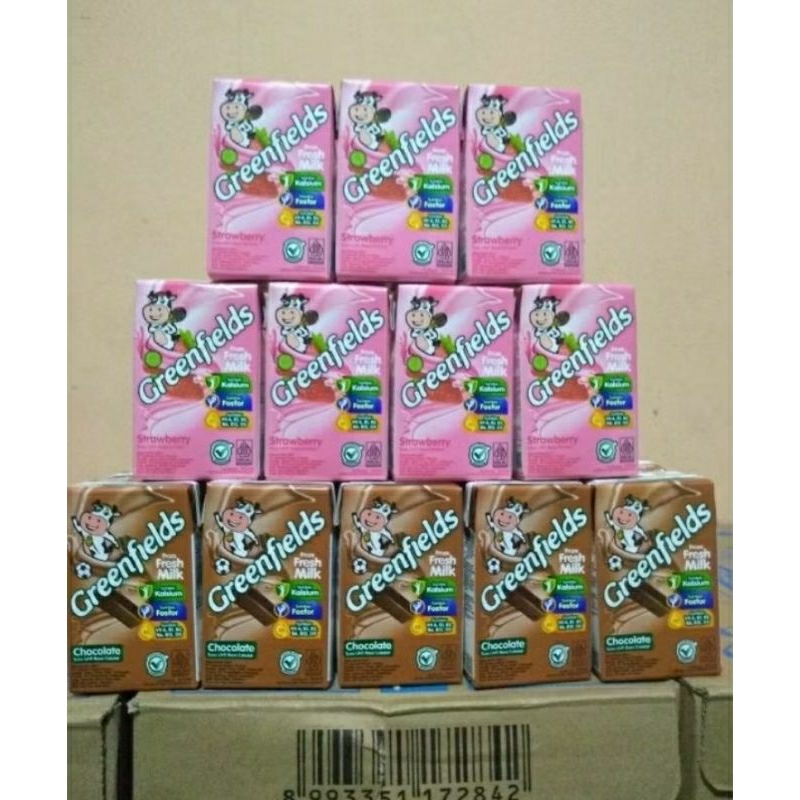 

SUSU GREENFIELDS UHT 105 ML X 40 PICS PERKARTON Rasa Strobery, Coklat, Full cream. Susu Uht untuk anak diatas 1 tahun