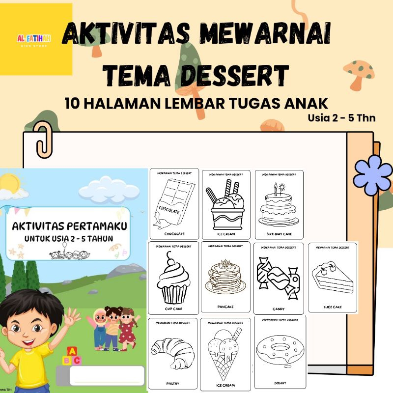 10 HALAMAN WORKSHEET MEWARNAI TEMA DESSERT LEMBAR TUGAS ANAK USIA 2 3 4 5 TAHUN