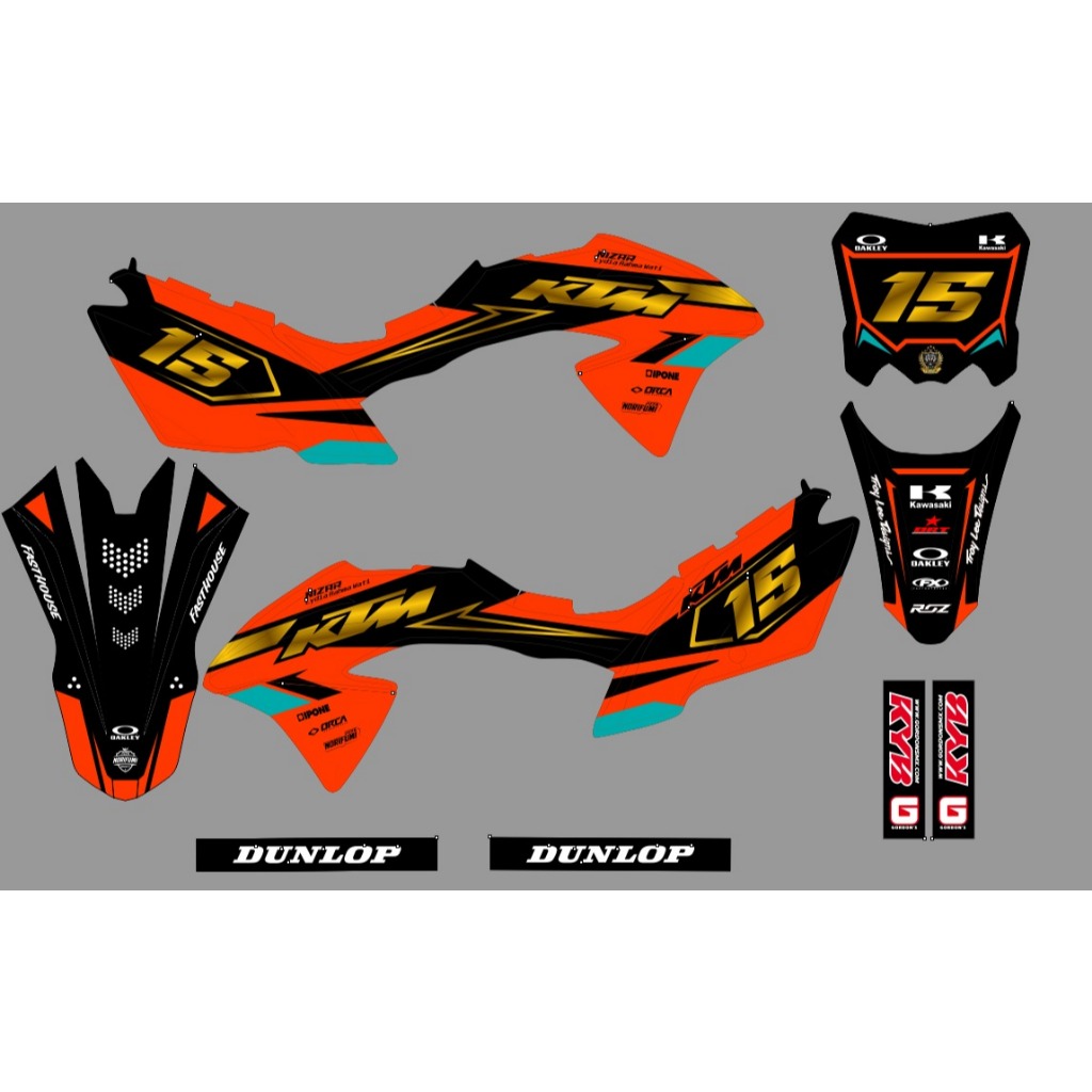 Decal stiker KLX 150 BF motif simple orange hitam kombinasi emas