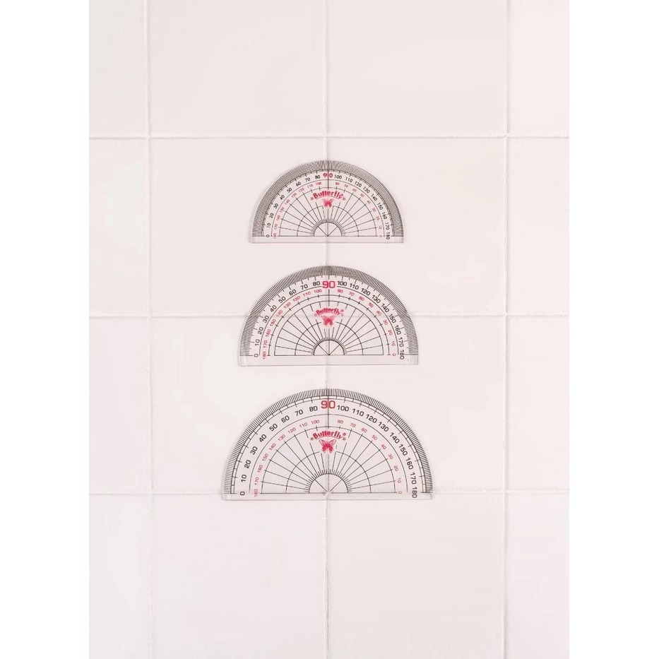 

BUTTERFLY PROTRACTOR 180° 10CM / PENGGARIS BUSUR 180° / BUSUR BUTTERFLY DERAJAT MATEMATIKA BOX ISI 48PCS