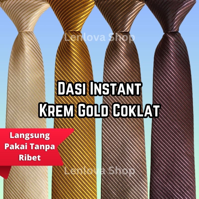 Dasi Instant Krem Gold Coklat Polos Salur Formal/Kerja/Pernikahan/Ujian/Wisuda/Pesta