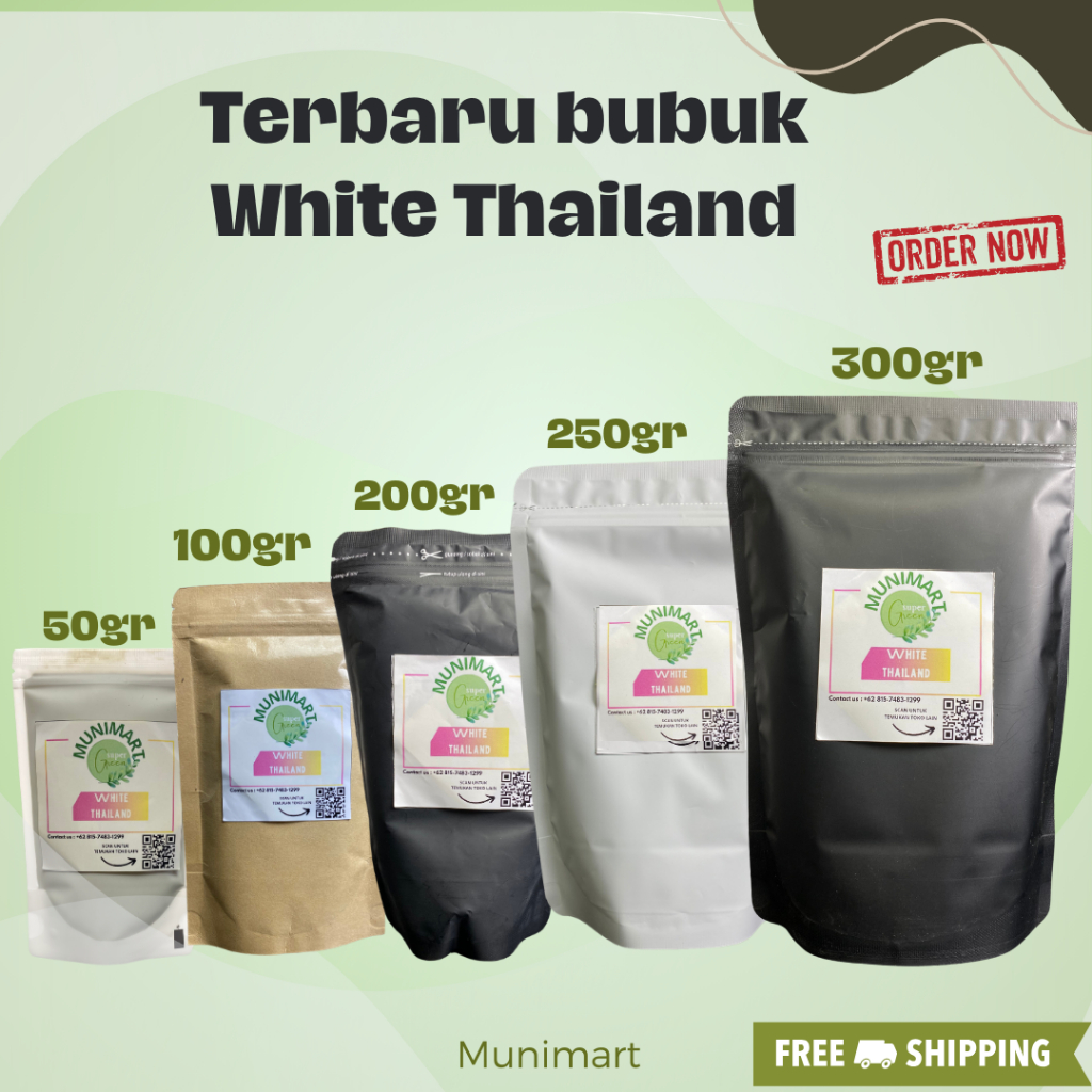 

Munimart White Thailand Terbaru Bubuk 50gr-500gr supeerhalus herball
