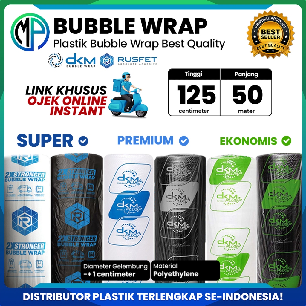 

Plastik Bubble Wrap Roll 125cm x 50meter Bening Putih / Hitam Ekonomis Tebal Merek DKMPlus / Rusfet