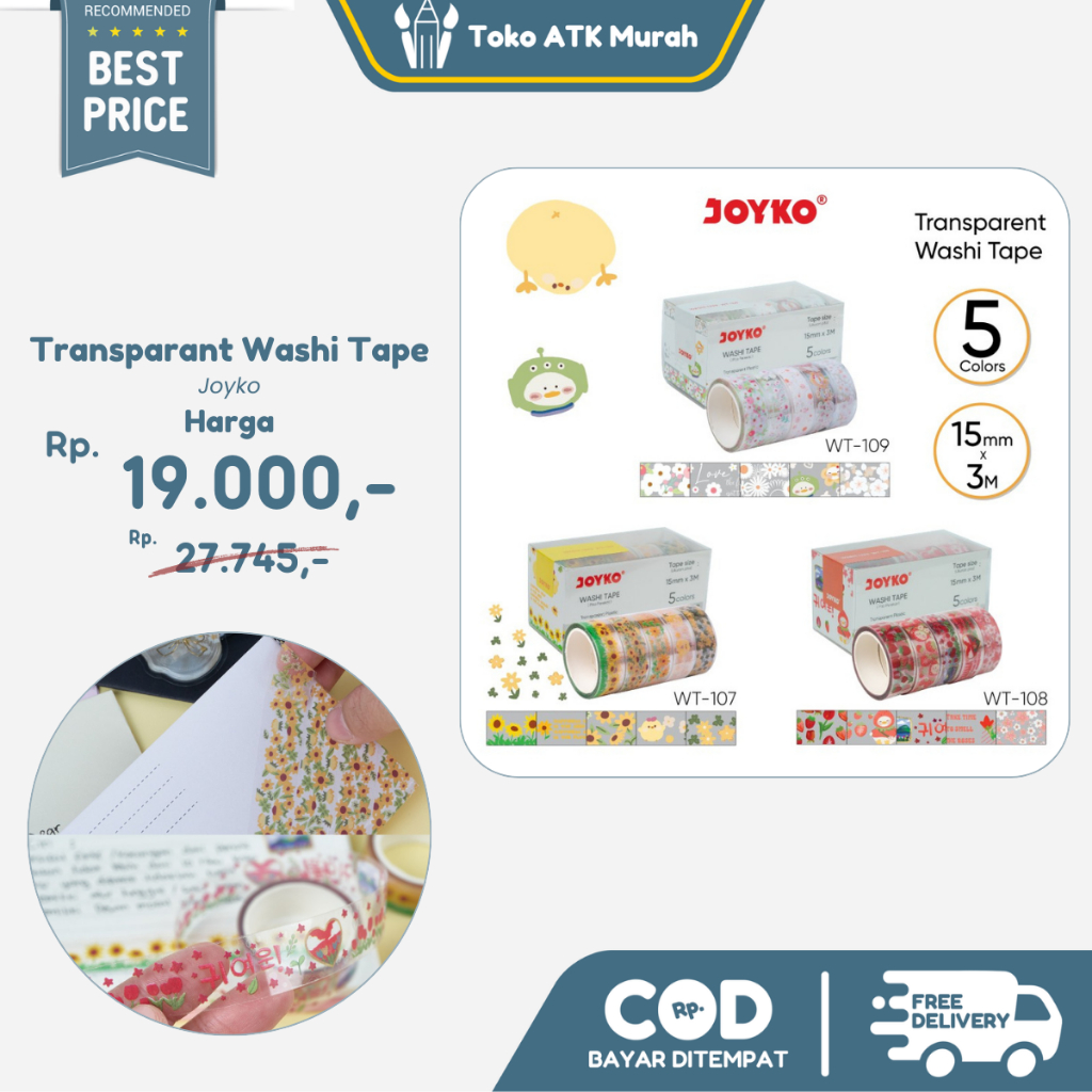

Washi Tape Joyko WT-107-109 Pita Perekat Selotip Kertas Warna Lucu
