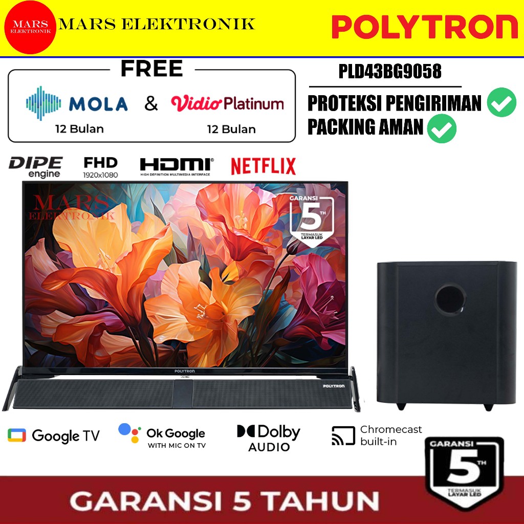 POLYTRON SMART TV PLD43BG9058 / / PLD43BG9058 - 43 INCHI - SOUNDBAR SMART GOOGLE TV - GARANSI RESMI 