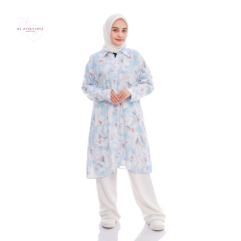 Tunik Putih Motif- Tunik - Tunik Korean Style - Tunik Elegan - Tunik Rayon - Tunik Motif Bunga - Tun