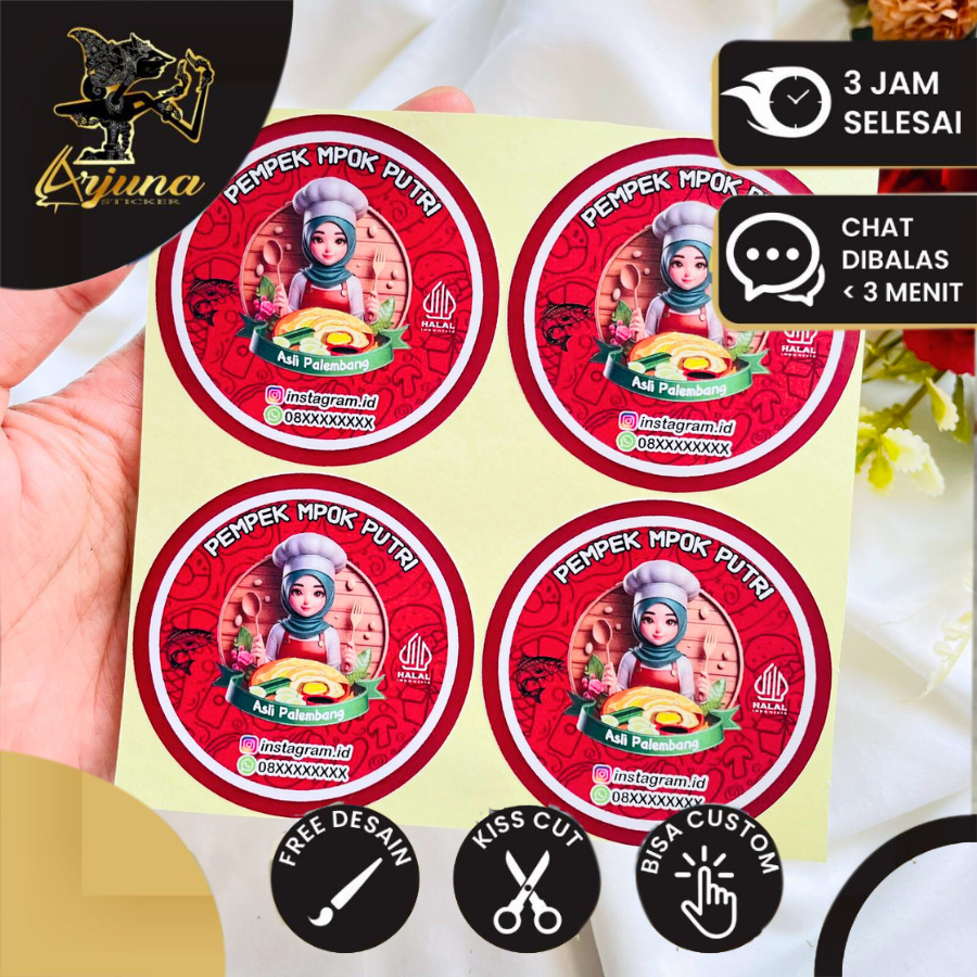 

9-15 Arjuna Cetak Sticker Makanan Pempek Chromo Bulat Free Desain Custom Nama Cutting Kiss Cut