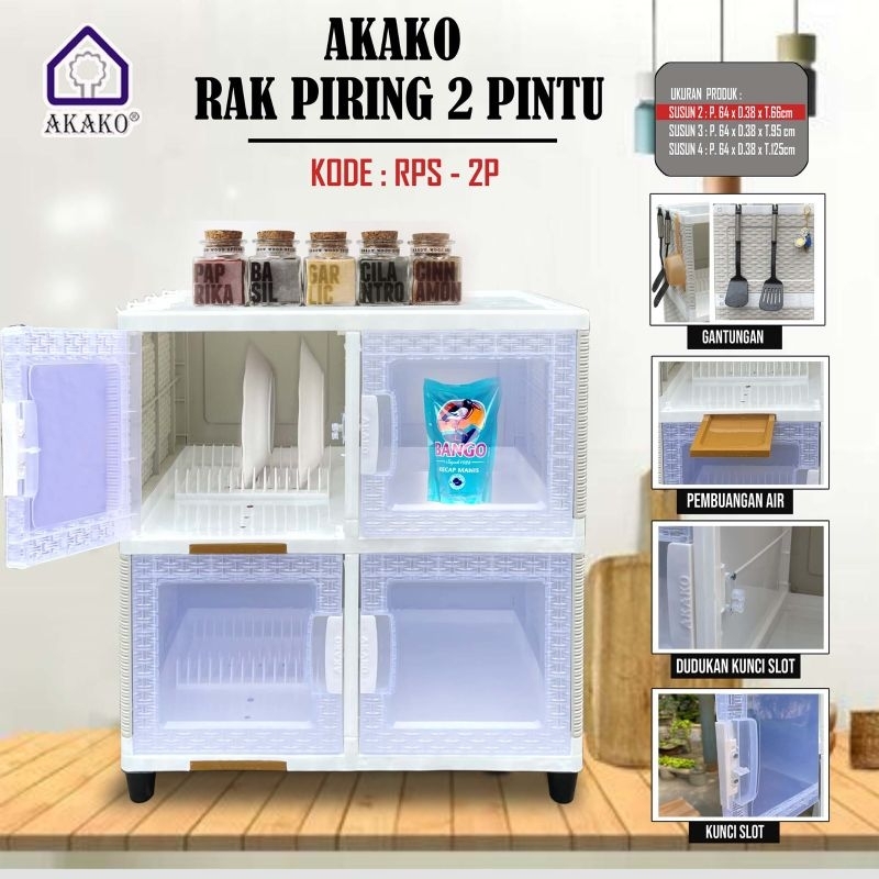 Akako Rak Piring 2 Pintu 2 Susun / 3 Susun / 4 Susun Lemari Plastik Piring Rak Piring Plastik Murah