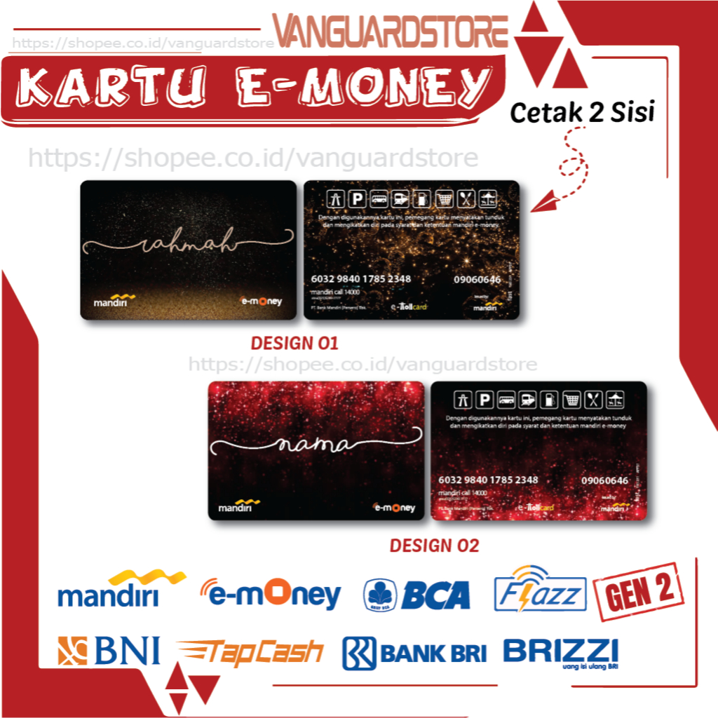 KARTU E TOLL E MONEY CUSTOM NAMA KUMPULAN EMONEY MANDIRI FLAZZ BCA BNI TAPCASH BRIZZI BRI 2 SISI