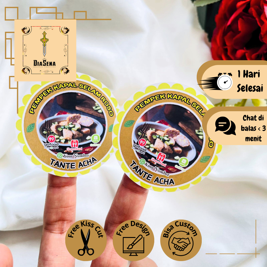 

5-8 Sticker Murah Diasena Pempek Palembang Stiker Tekwan Makanan Khas Cetak Label Produk Custom Nama