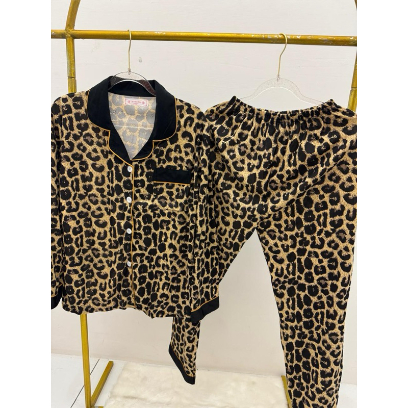 MMCB17 Setelan Baju Tidur Panjang motif macan - PIYAMA BAJU SATIN MACAN TIDUR LENGAN PANJANG