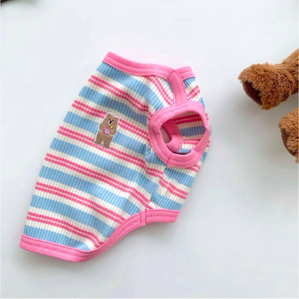 (Kuuki Pet Shop) - Baju Kaos Katun Sleeveless Kucing Anjing Garis-Garis Pink Biru Bordir