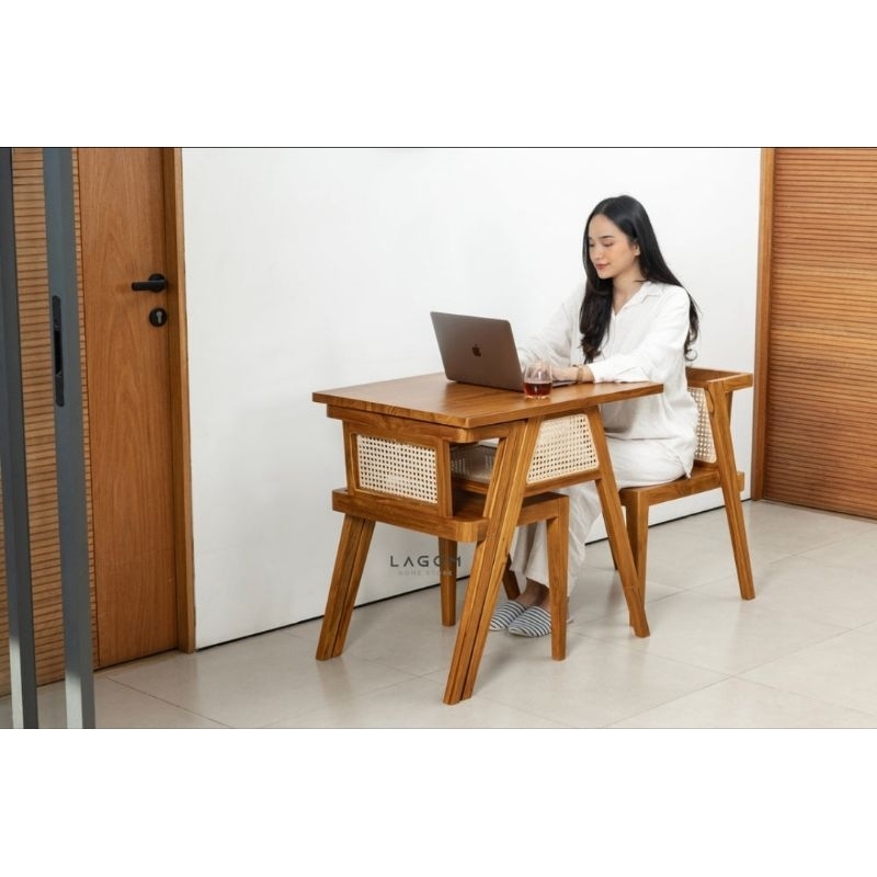 Set Meja Makan Jati dan Rotan Unik Minimalis Kayu Jati